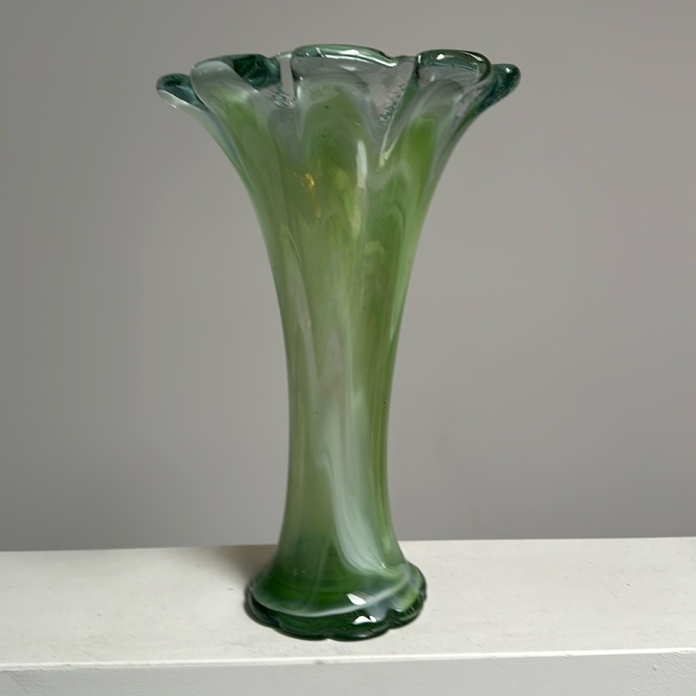 Vintage Handblown Glass Vase Green White Clear